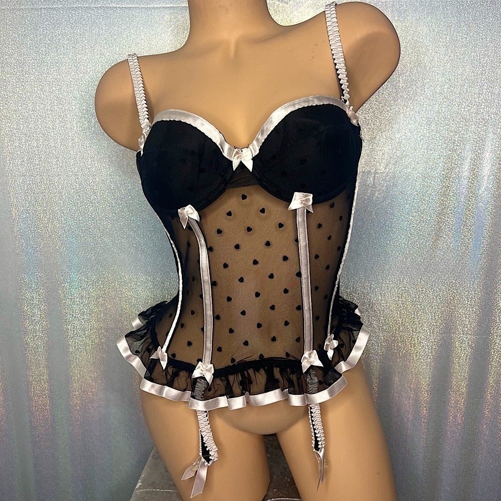 Silk & satin corset bustier y2k pink hearts mesh bows garter stocking straps